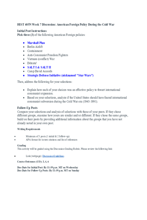 HIST 405N Week 7 Discussion; American Foreign Policy during the Cold War