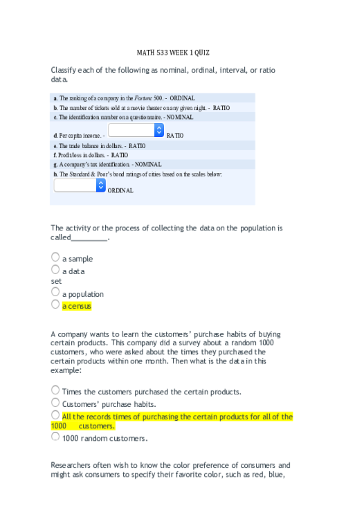 MATH 533 Week 1 Quiz