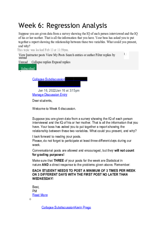 MATH 533 Week 6 Discussion; Regression Analysis - Keller
