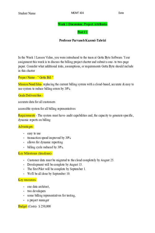 MGMT 404 Week 1 Discussion; Project Attributes.