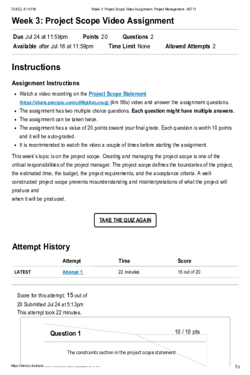 MGMT 404 Week 3 Project Scope Video Assignment - Score; 20 by 20