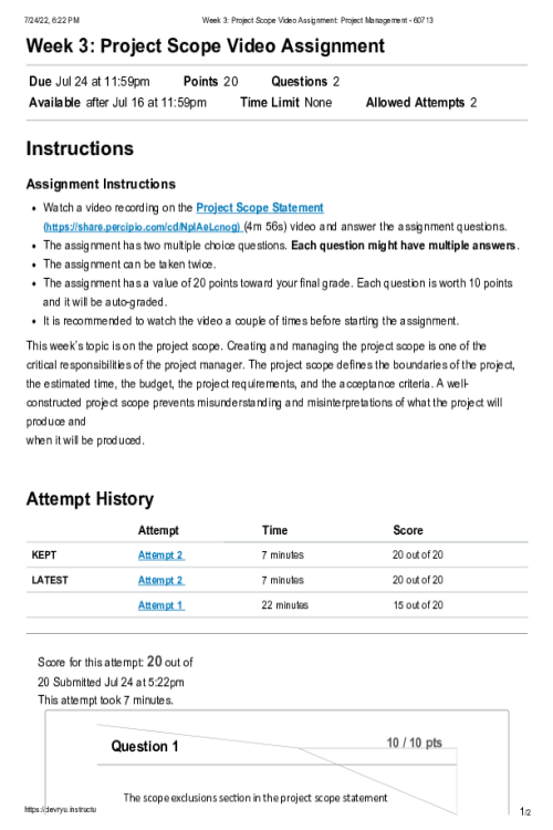 MGMT 404 Week 3 Project Scope Video Assignment - Score; 20 out of 20