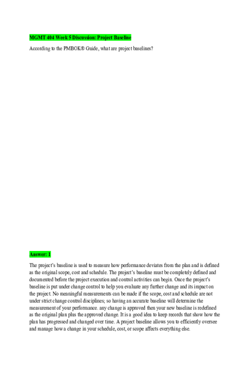 MGMT 404 Week 5 Discussion; Project Baseline