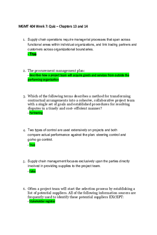 MGMT 404 Week 7 Quiz - Chapters 13, and 14