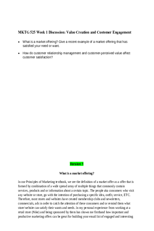 MKTG 525 Week 1 Discussion; Value Creation and Customer Engagement