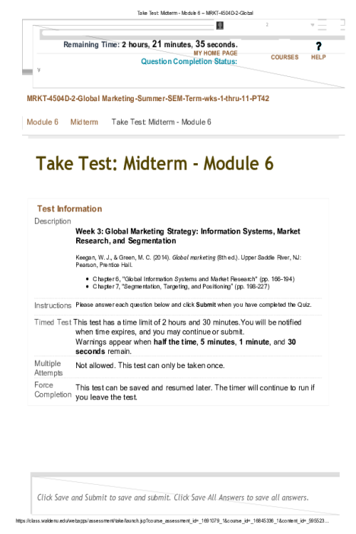 MRKT 4504D-2, Global Marketing; Module 6 Midterm Exam