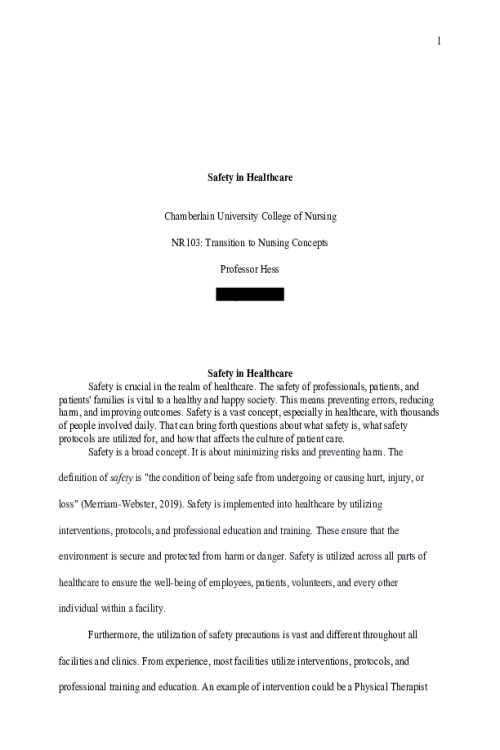 NR 103 Week 6 Assignment; RUA; Transitions Paper - Safety in Healthcare