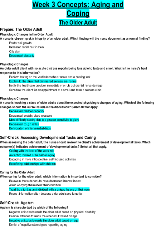 NR 226 Week 3 Concepts; Aging and Coping