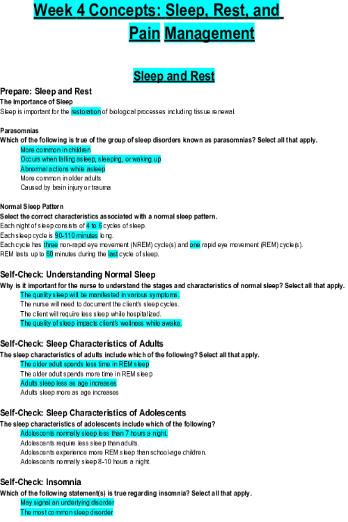 NR 226 Week 4 Concepts; Sleep, Rest, and Pain Management