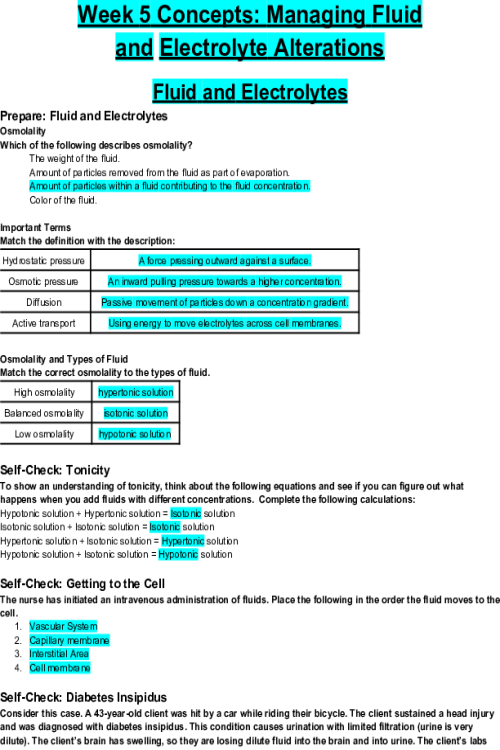 NR 226 Week 5 Concepts; Managing Fluid and Electrolyte Alterations