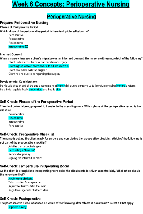 NR 226 Week 6 Concepts; Perioperative Nursing