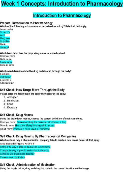 NR 293 Week 1 Concepts; Introduction to Pharmacology