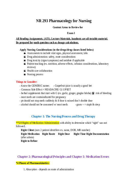 NR 293 Week 3 Exam 1 Content Areas to Review