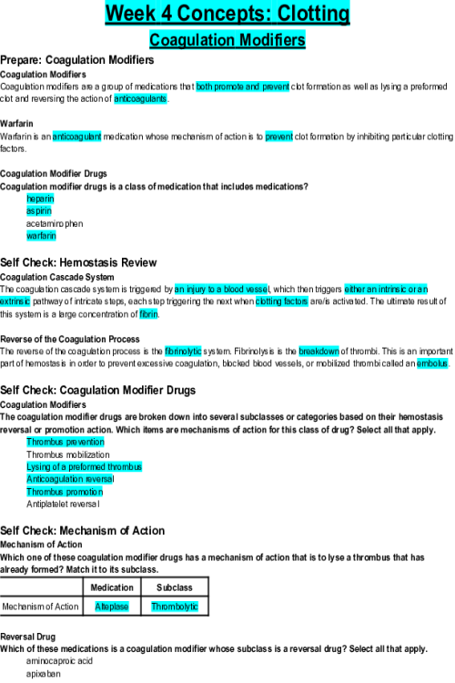 NR 293 Week 4 Concepts; Clotting