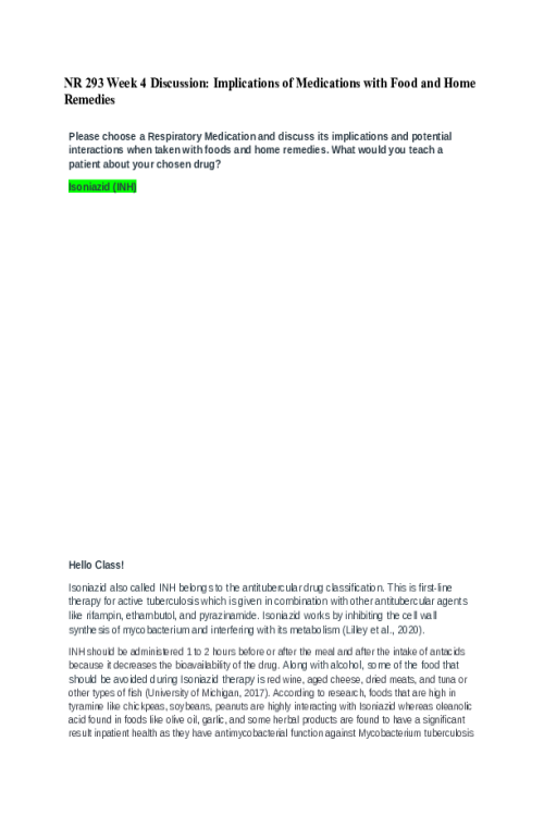 NR 293 Week 4 Discussion; Implications of Medications with Food and Home Remedies