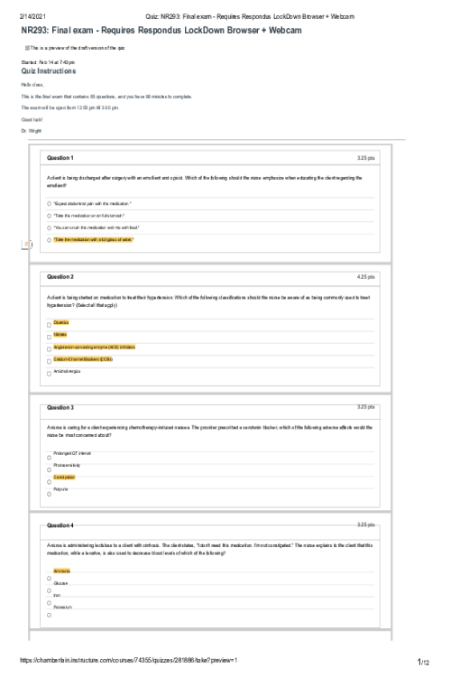 NR 293 Week 8 Final Exam- Requires Respondus LockDown Browser + Webcam