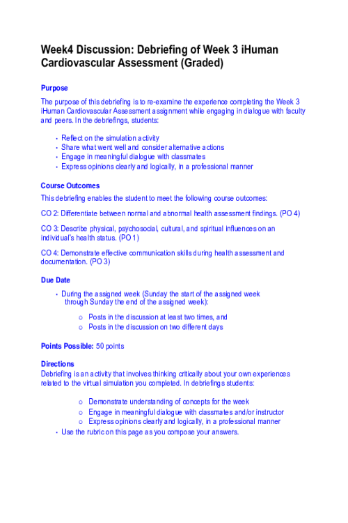 NR 305 Week 4 Discussion; Debriefing of Week 3 iHuman Cardiovascular Assessment.