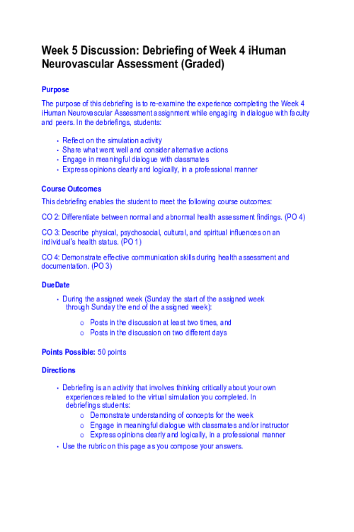 NR 305 Week 5 Discussion; Debriefing of Week 4 iHuman Neurovascular Assessment..