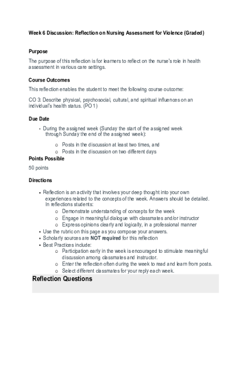 NR 305 Week 6 Discussion; Reflection on Nursing Assessment for Violence