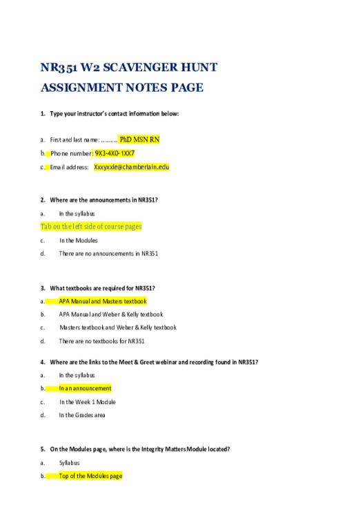 NR 351 Week 2 Assignment; Scavenger Hunt Quiz Score; 200 out of 200 - Fall Semester