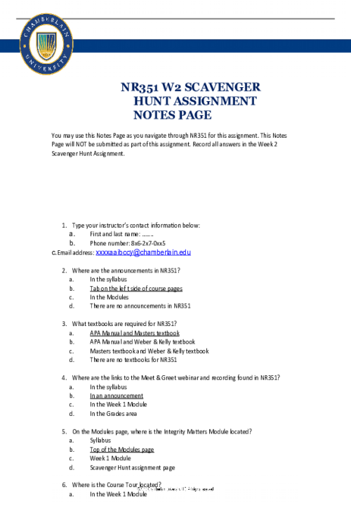 NR 351 Week 2 Assignment; Scavenger Hunt Quiz Score; 200 out of 200 - Spring Semest
