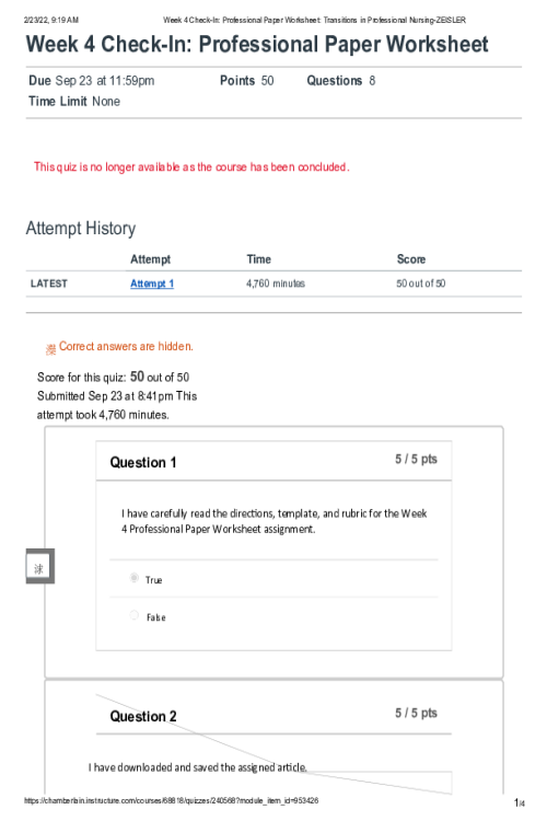 NR 351 Week 4 Check-In Professional Paper Quiz Score 50 out of 50