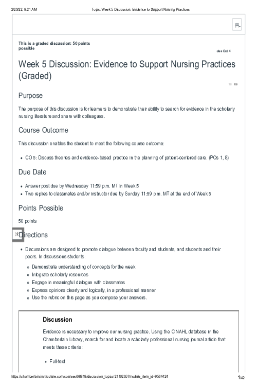 NR 351 Week 5 Discussion; Evidence to Support Nursing Practices - Fall Semester