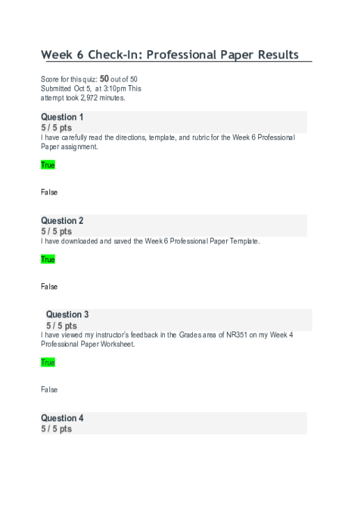NR 351 Week 6 Check-In Professional Paper Results Quiz Score 50 out of 50