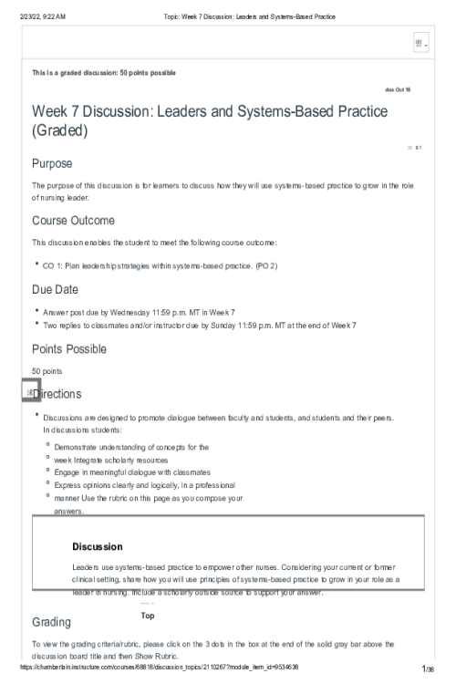 NR 351 Week 7 Discussion; Leaders and Systems-Based Practice - Fall Semester