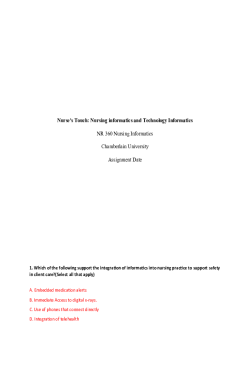 NR 360 Week 2 Assignment; ATI Nurse s Touch - Nursing Informatics & Technology Info