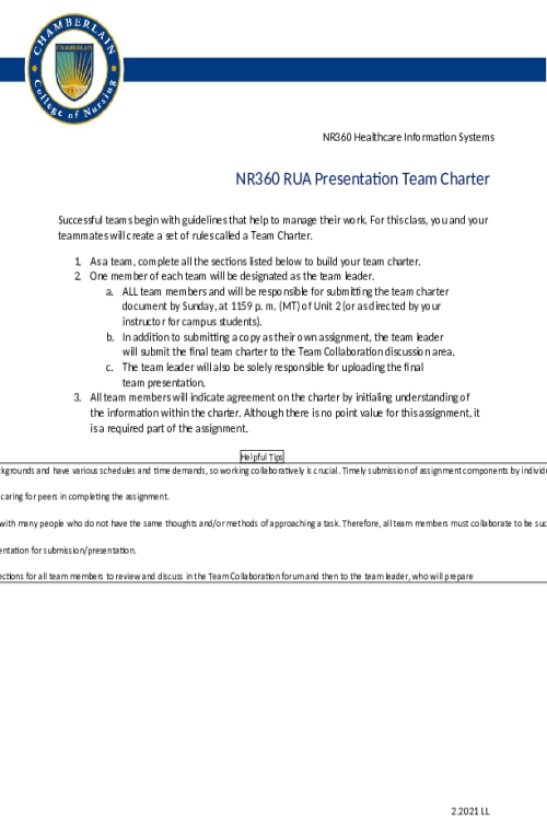 NR 360 Week 2 Assignment; RUA Presentation Team Charter.