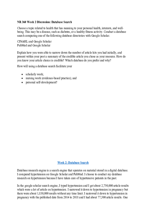 NR 360 Week 2 Discussion, Replies; Database Search