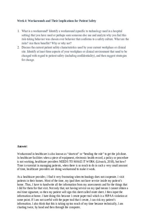 NR 360 Week 4 Discussion; Workarounds and Their Implications for Patient Safety.