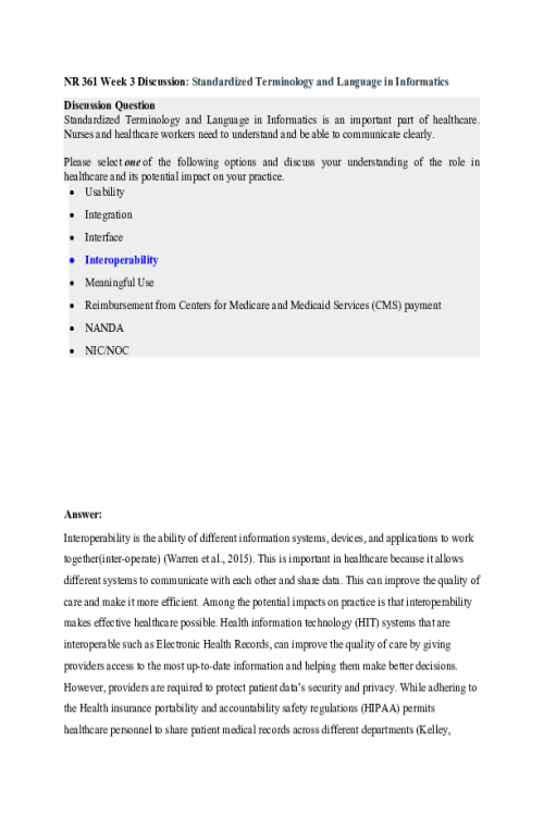 NR 361 Week 3 Discussion; Standardized Terminology and Language in Informatics - In