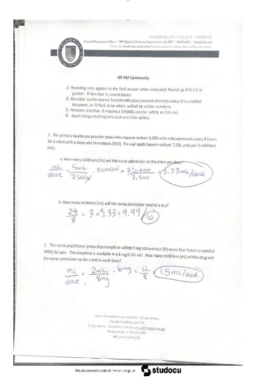 NR 442 Week 1 Medication Calculation Practice Exam