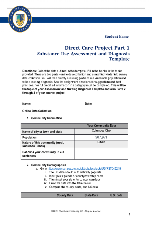 NR 443 Week 2 Assignment; Direct Care Project Part 1; Assessment and Diagnosis