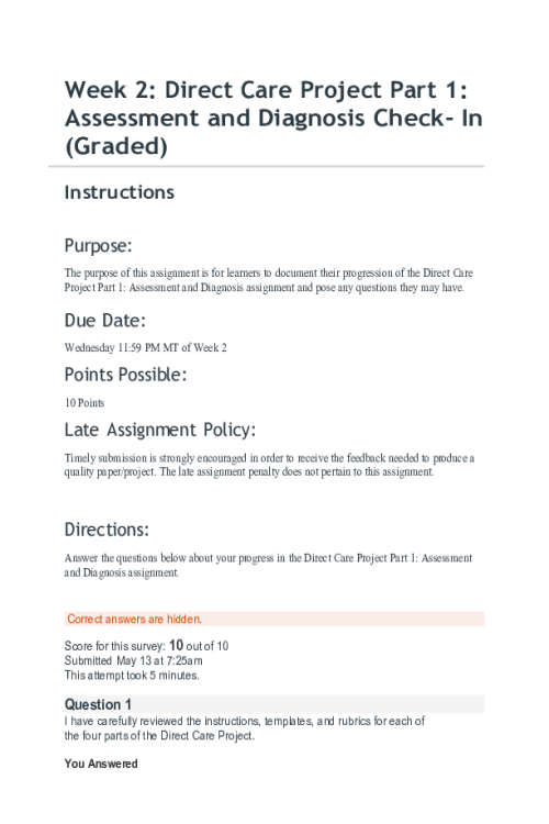 NR 443 Week 2 Direct Care Project Part 1; Assessment and Diagnosis Check- In