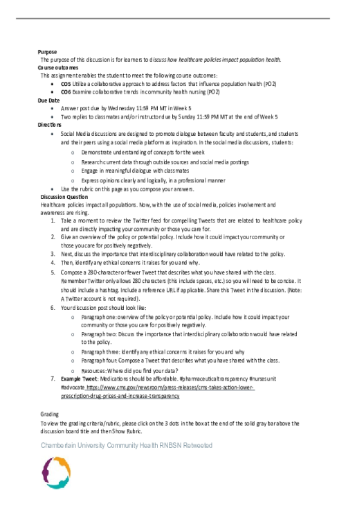 NR 443 Week 5 Social Media Discussion; Healthcare Policies and Population Health - 