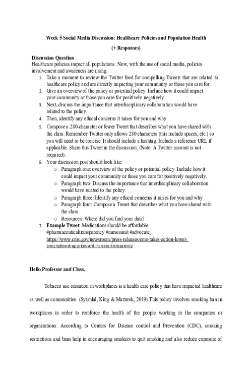 NR 443 Week 5 Social Media Discussion_Responses; Healthcare Policies and Population
