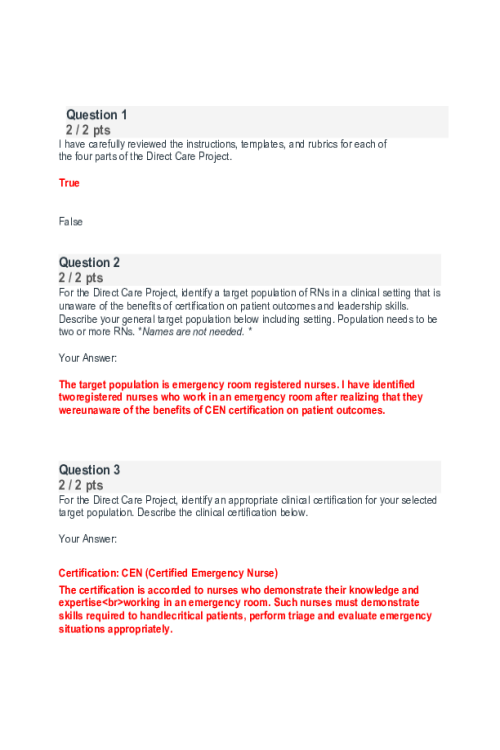 NR 447 Week 2 Check-In Direct Care Project Part 1; Assessment and Diagnosis  - Quiz