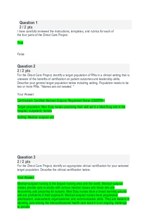 NR 447 Week 2 Check-In Direct Care Project Part 1; Assessment and Diagnosis - Score