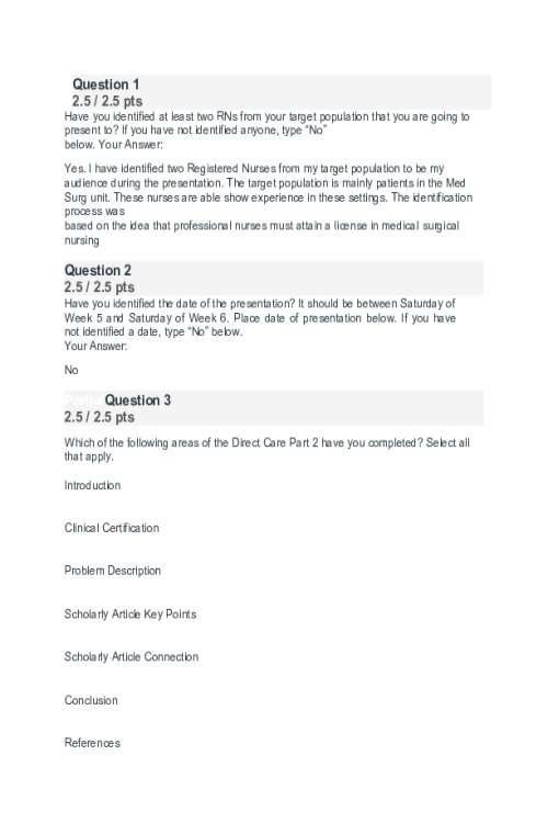 NR 447 Week 4 Check-In Direct Care Project Part 2; Planning the Presentation - Scor
