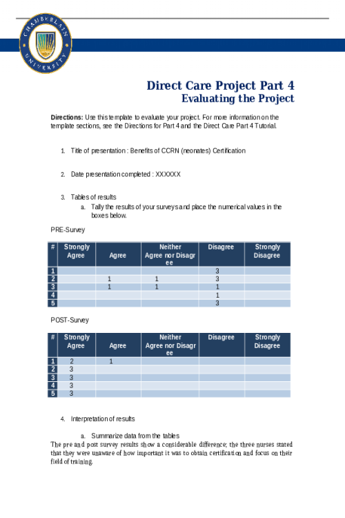 NR 447 Week 6 Assignment; Direct Care Project Part 4 - Evaluating the Project.