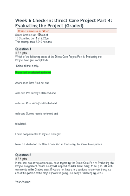 NR 447 Week 6 Check-In Direct Care Project Part 4; Evaluating the Project - Score; 