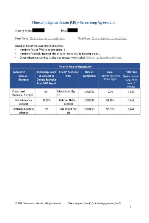 NR 449 Week 7 Research Clinical Judgment Exam (CJE) Open Check Relearning Agreement