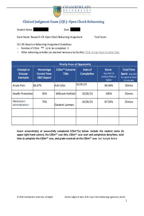 NR 449 Week 7 Research Clinical Judgment Exam (CJE) Open Check Relearning Assignmen