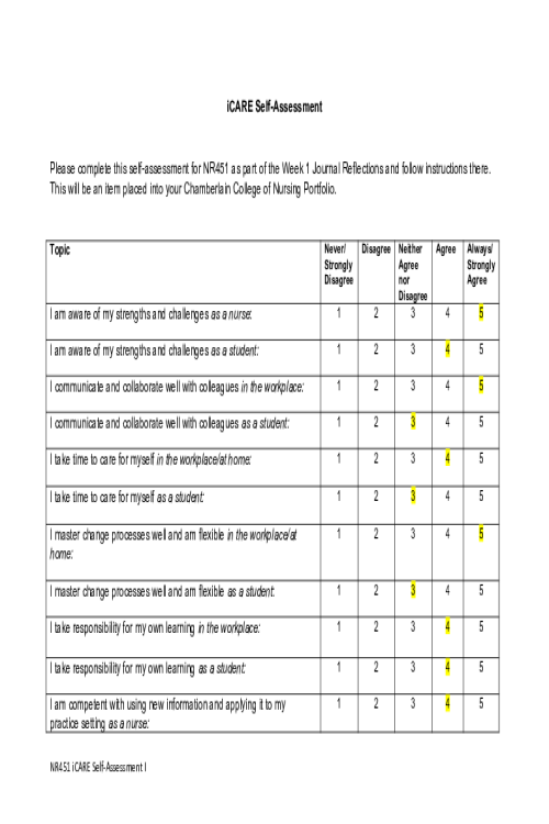 NR 451 Week 1 Discussion; iCARE Self Assessment form