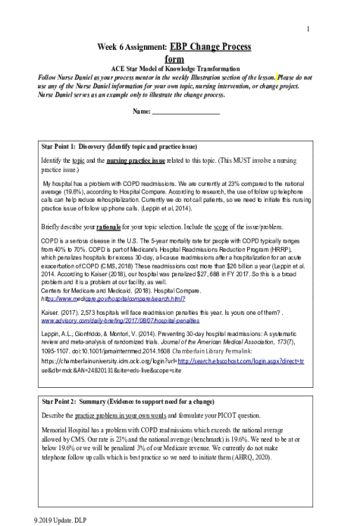 NR 451 Week 6 Assignment; EBP Change Process Form - COPD