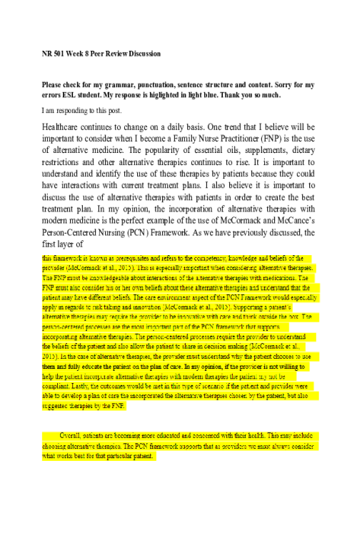 NR 501NP Week 8 Discussion Peer Review Discussion.
