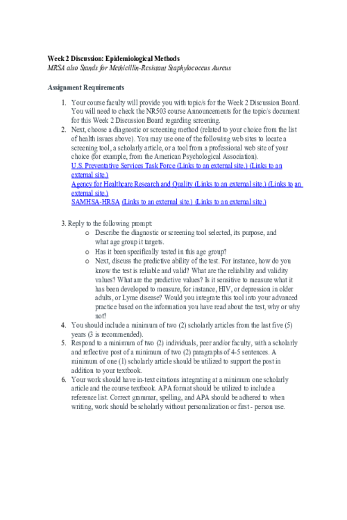 NR 503 Week 2 Discussion; Epidemiological Methods - MRSA (Methicillin-Resistant Sta